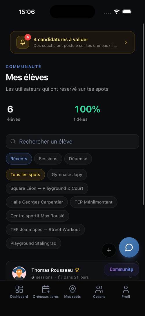 Mes élèves : les utilisateurs qui ont réservé sur tes spots