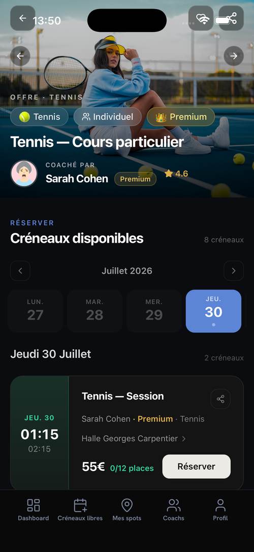 Réservation d'un cours de tennis · créneaux disponibles
