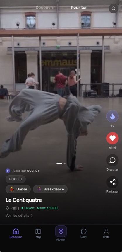 Feed OGSPOT · une perf breakdance postée sur le spot Le Cent quatre
