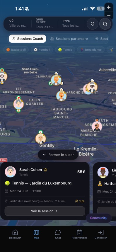 La map OGSPOT · sessions coach autour de toi