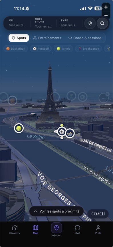 La map OGSPOT · spots autour de la Tour Eiffel