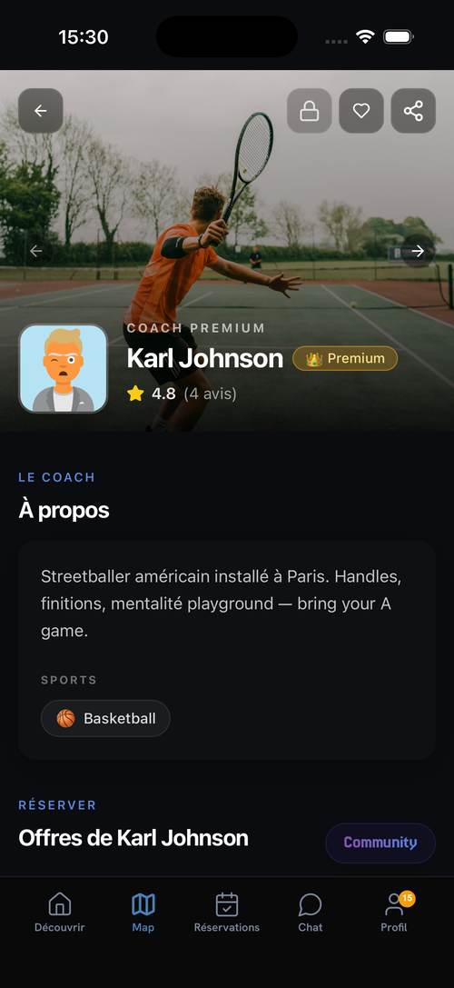 Page dédiée du coach : profil Premium, à propos, offres