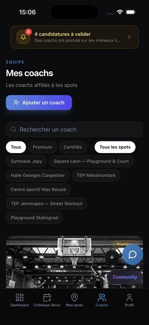 Mes coachs : les coachs affiliés à tes spots, filtres et ajout