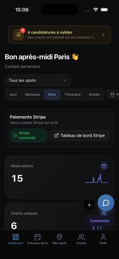 Cockpit partenaire : réservations, clients, revenus, Stripe connecté