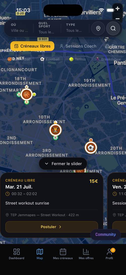 Les créneaux des salles : tu postules en un tap