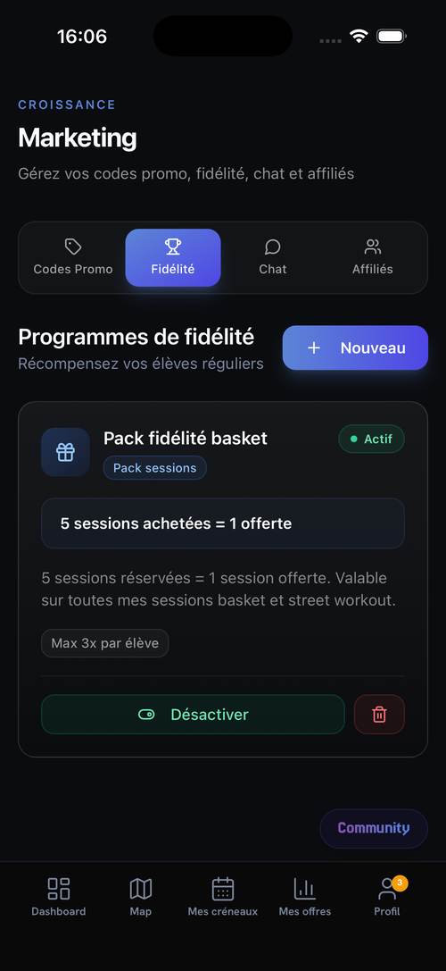 Programmes de fidélité coach : 5 sessions achetées, 1 offerte