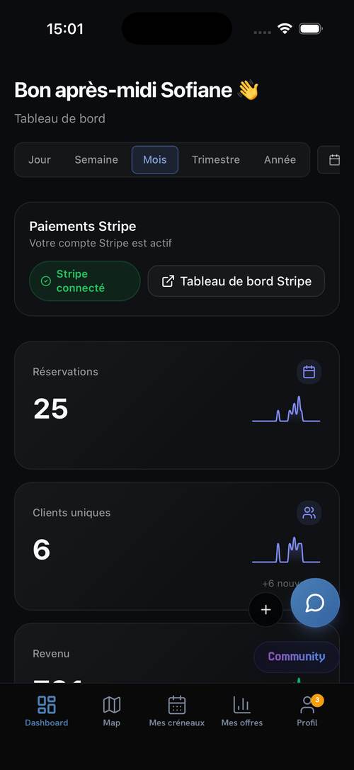 Tableau de bord coach : réservations, clients, revenus en direct