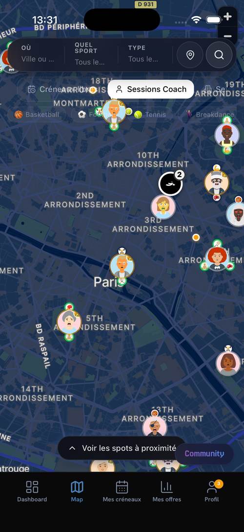 Tes sessions sur la map, devant les sportifs