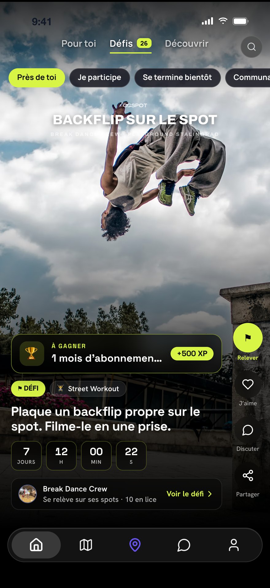 Onglet Défis du feed : Backflip sur le spot, à gagner un mois d'abonnement