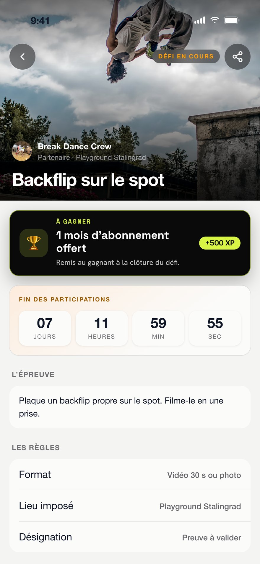 Défi Backflip sur le spot, compte à rebours