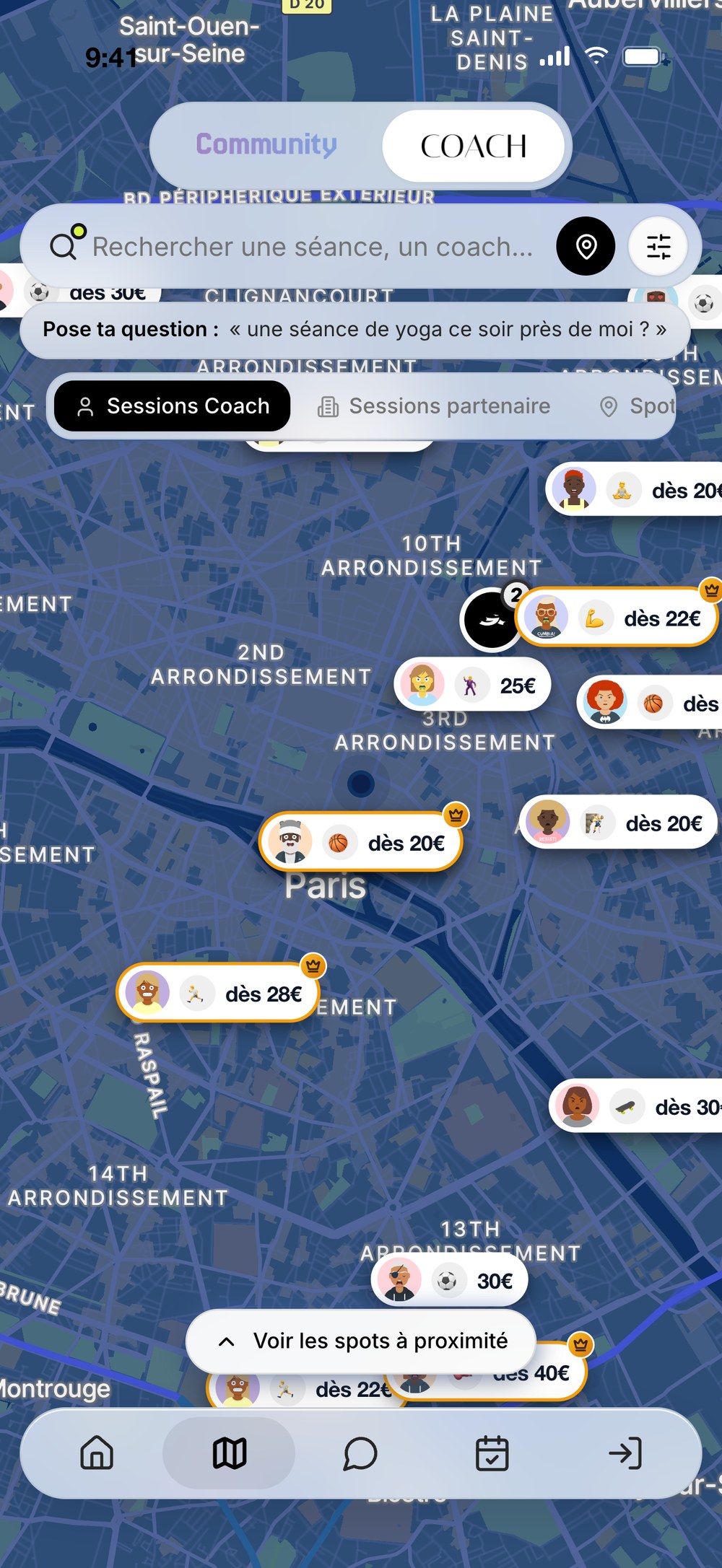 La map OGSPOT en mode Coach, séances autour de toi