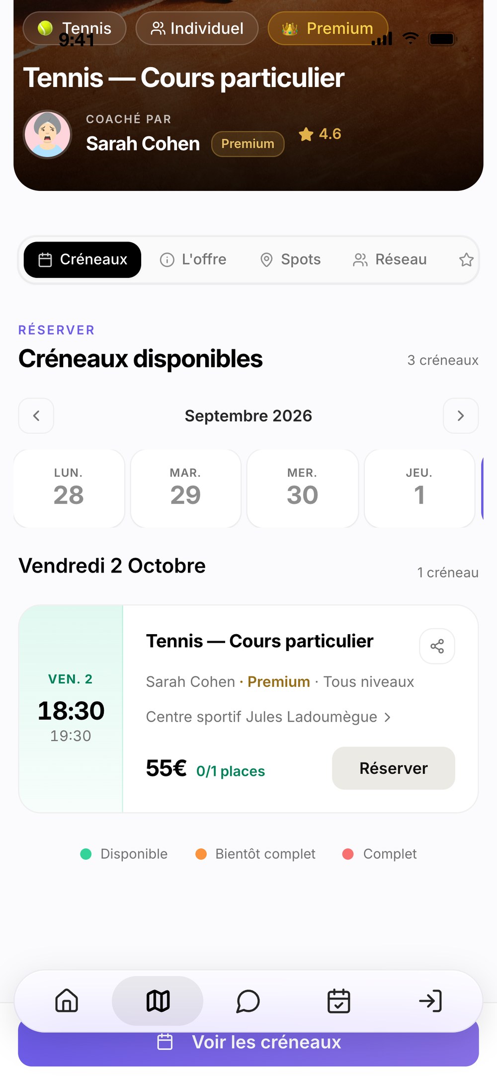 Créneaux disponibles d'une séance de streetball