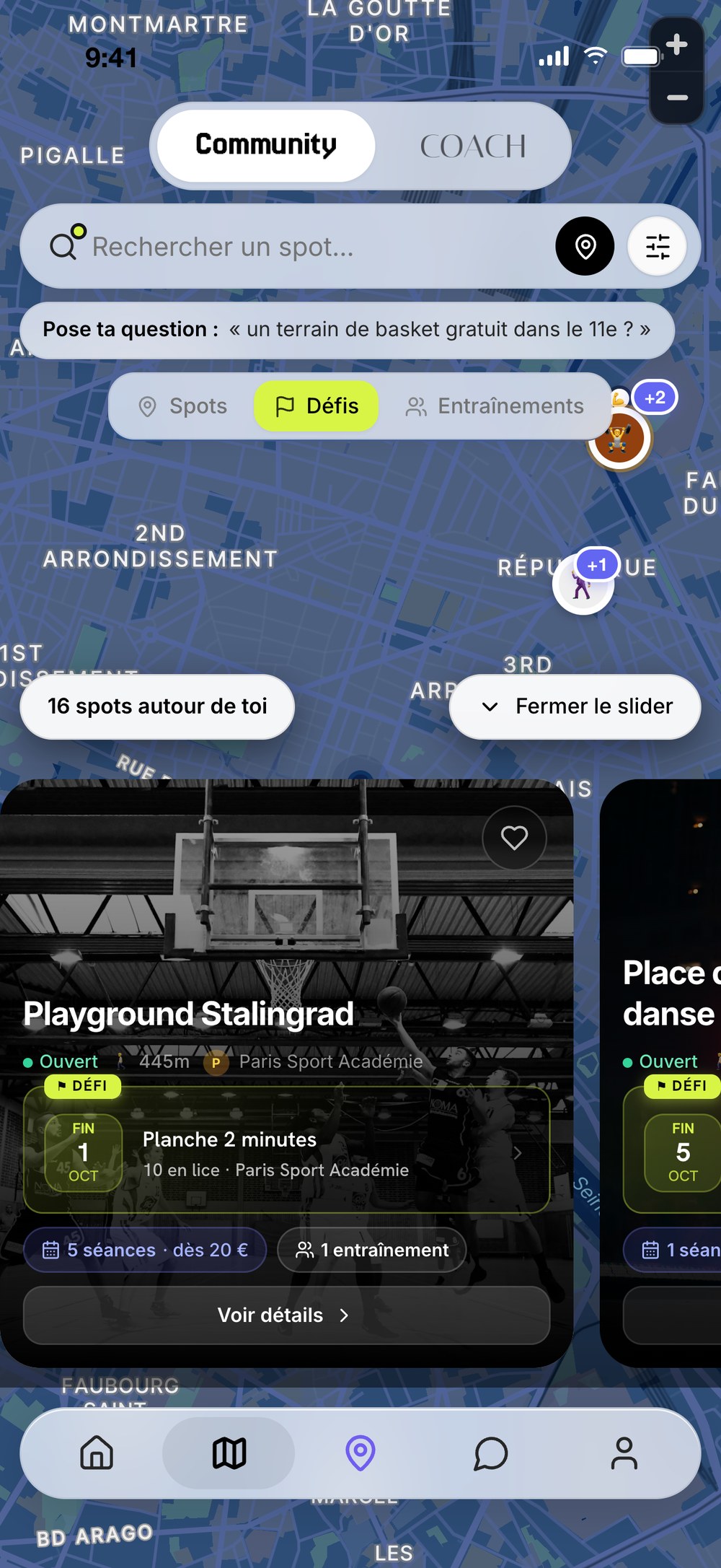 Onglet Défis de la carte, spots avec un défi en cours