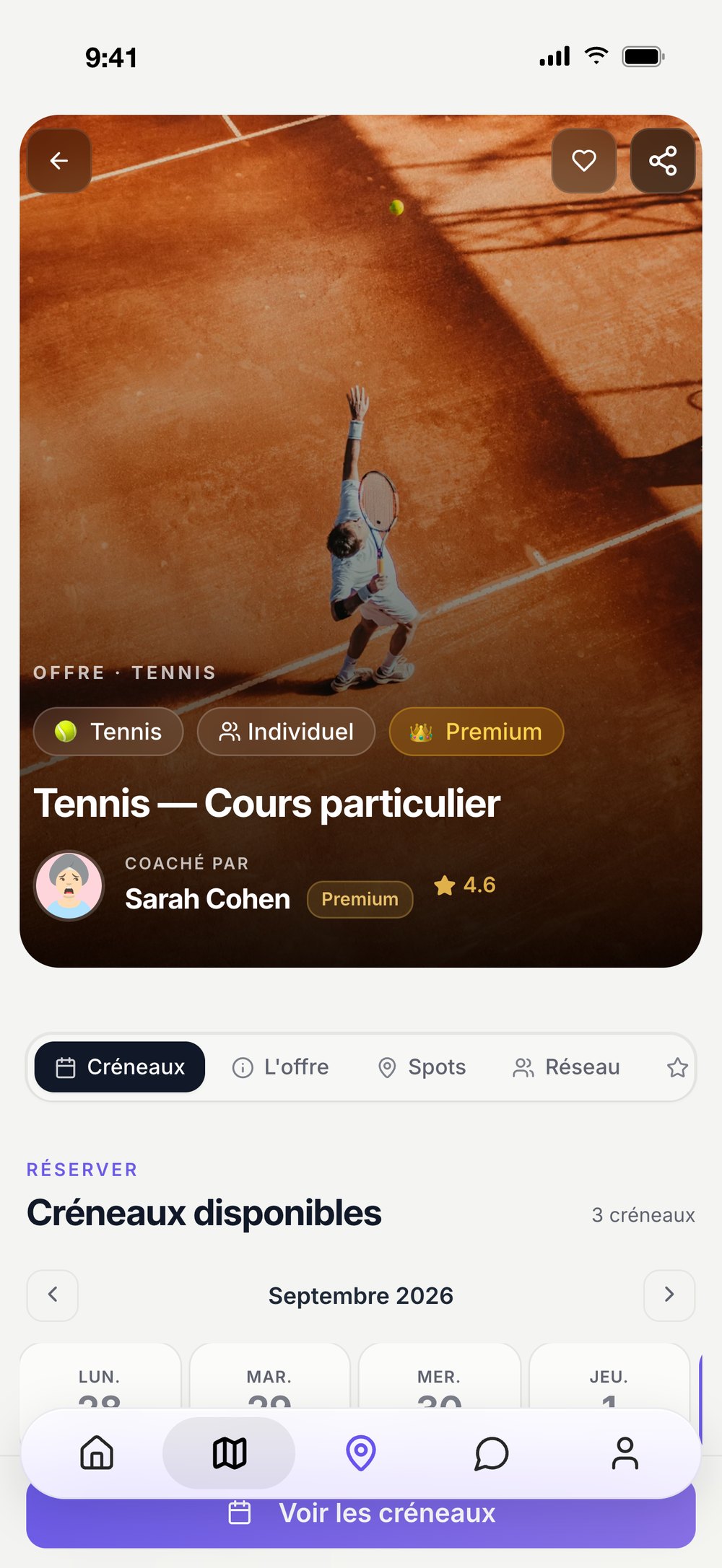 Offre Tennis, cours particulier avec Sarah Cohen : Premium, 4.6, créneaux disponibles