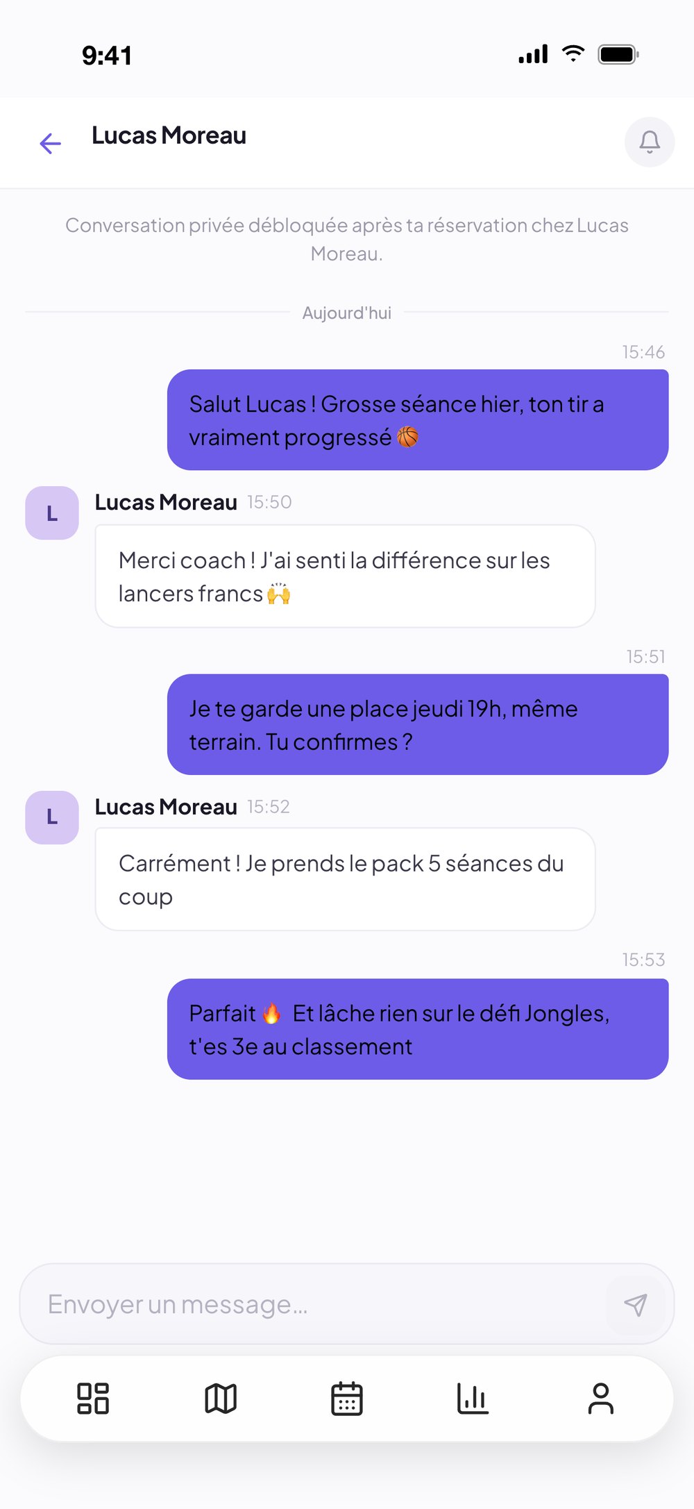 Conversation privée entre le coach et son élève Lucas