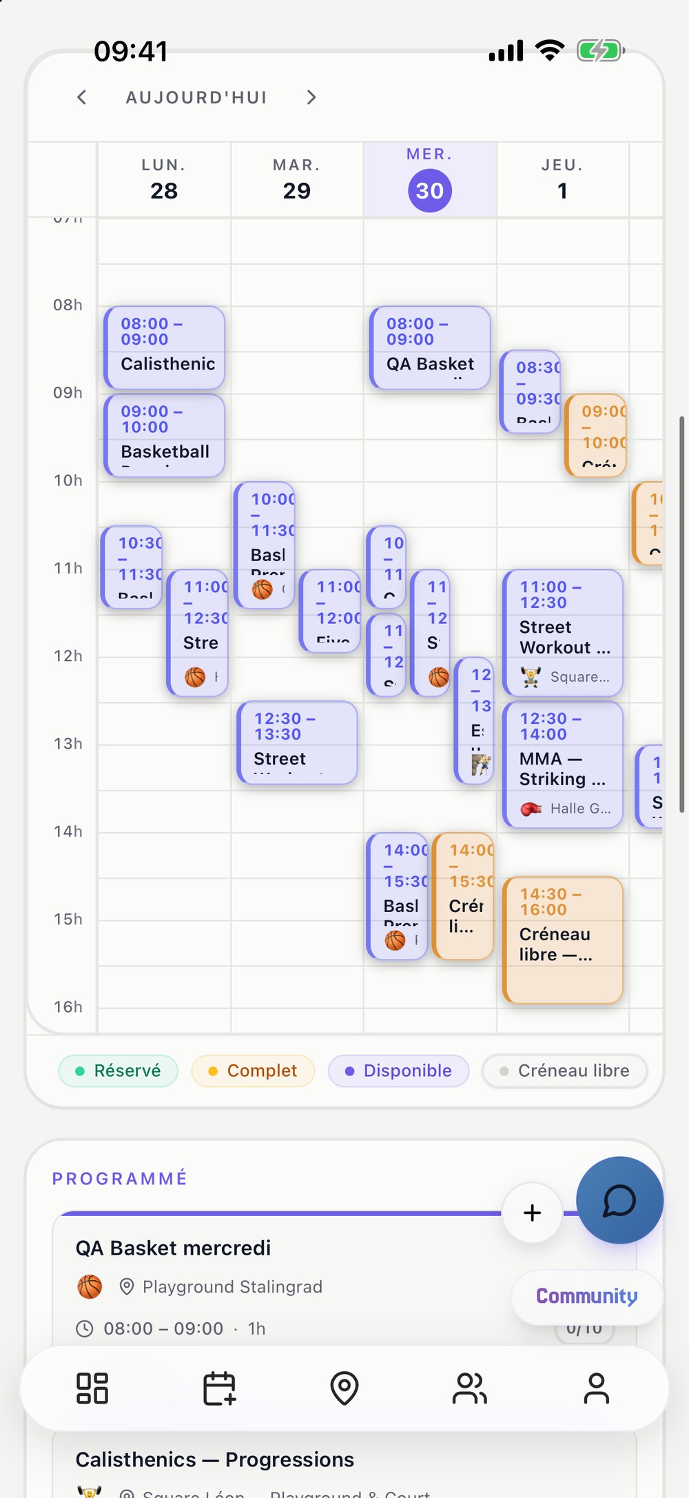 Planning interactif de la salle : sessions des coachs et créneaux libres