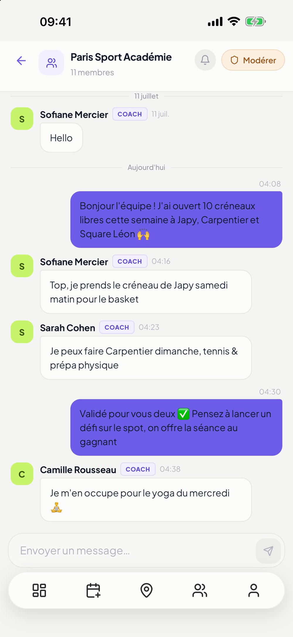 Canal d'équipe : la salle et ses coachs se répartissent les créneaux libres