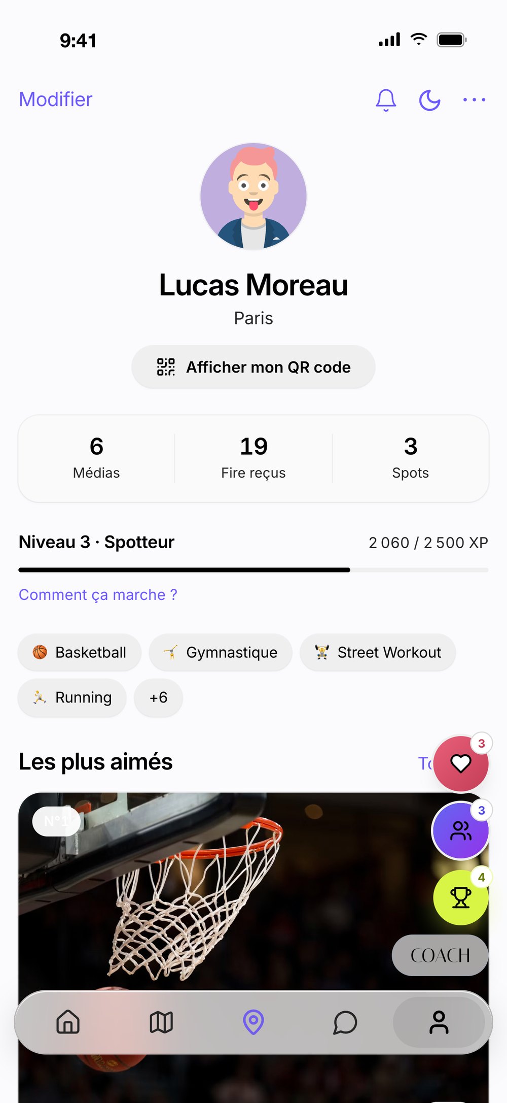 Profil joueur OGSPOT, Lucas Moreau, niveau 3 Spotteur